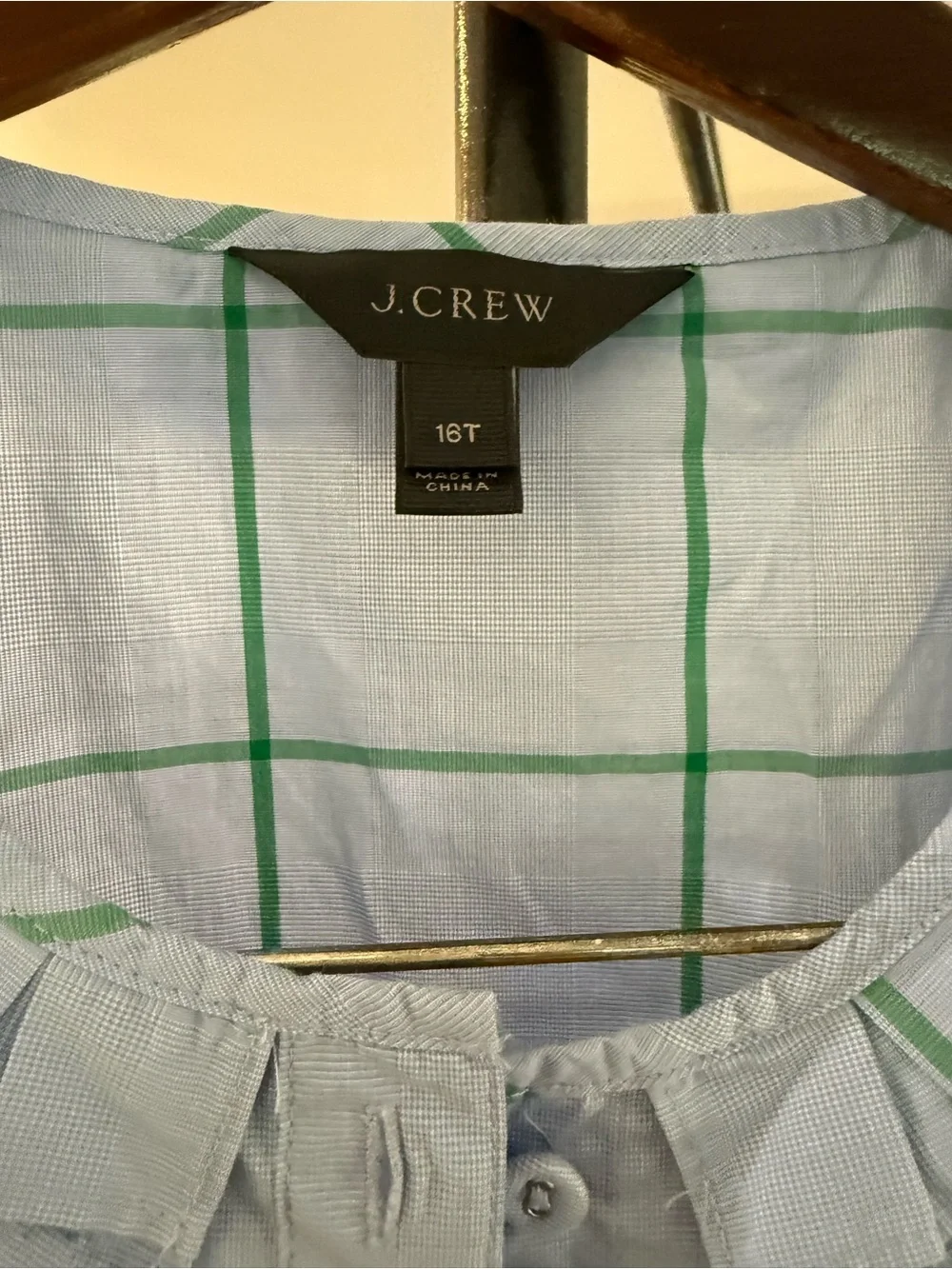 J. Crew Blue Windowpane Ruffle Sleeveless Button Front Top